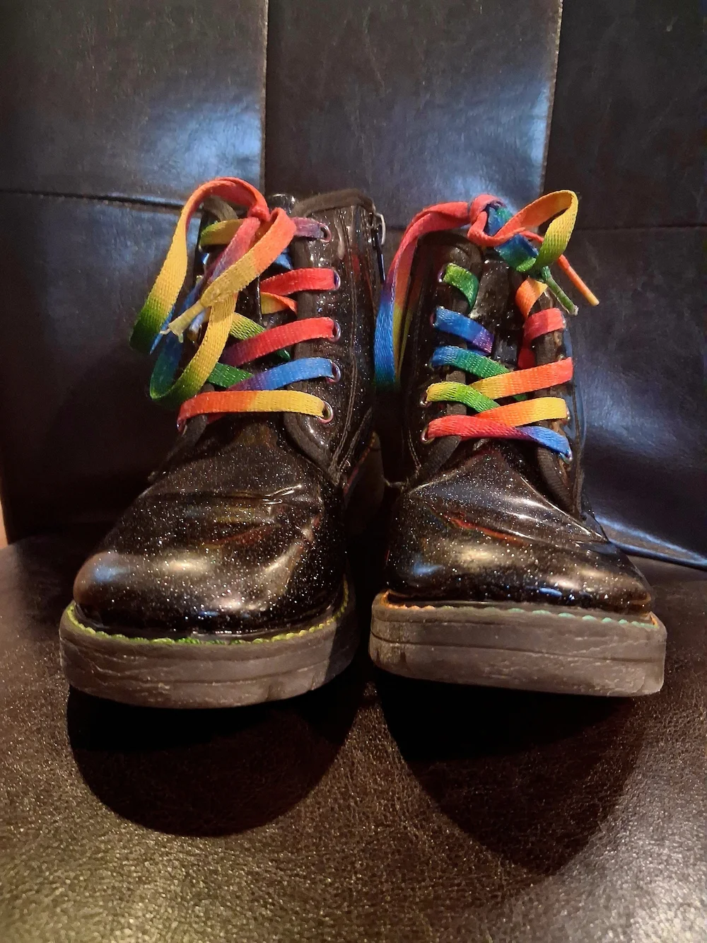 Kids Black Glitter Ankle Boots with Rainbow Laces